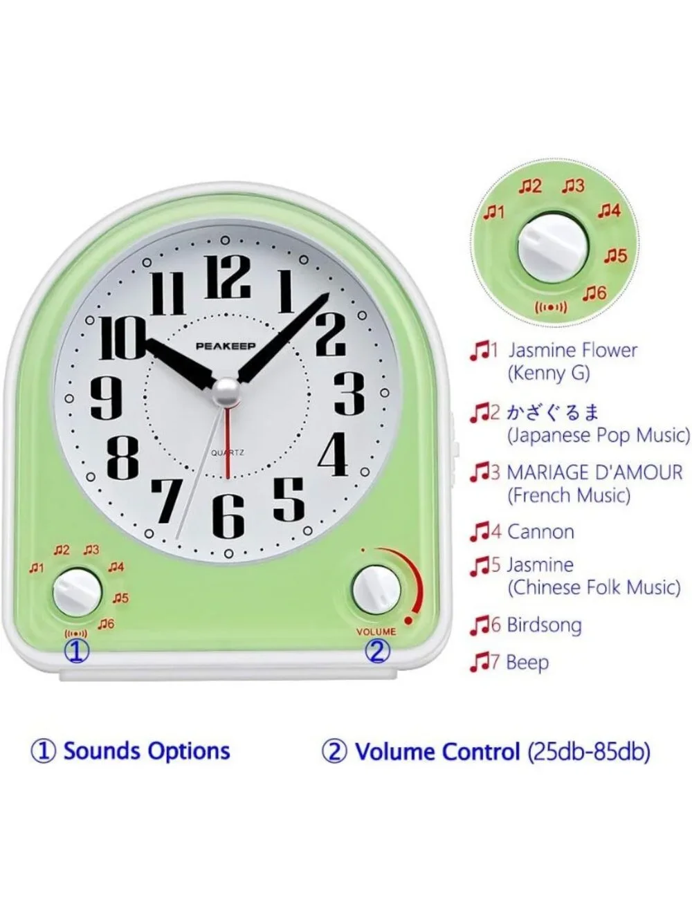 Home Green Analog Battery Operated Alarm Non-Ticking Silent Semicircular Clock